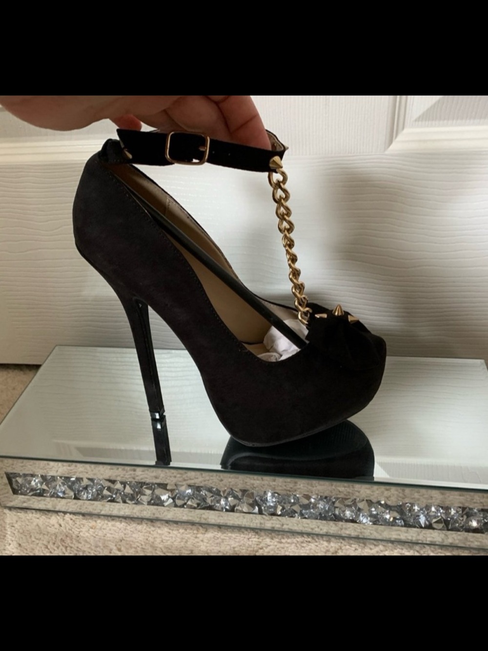 Black Suede Platform T-Strap Heels with Gold Chain and bow